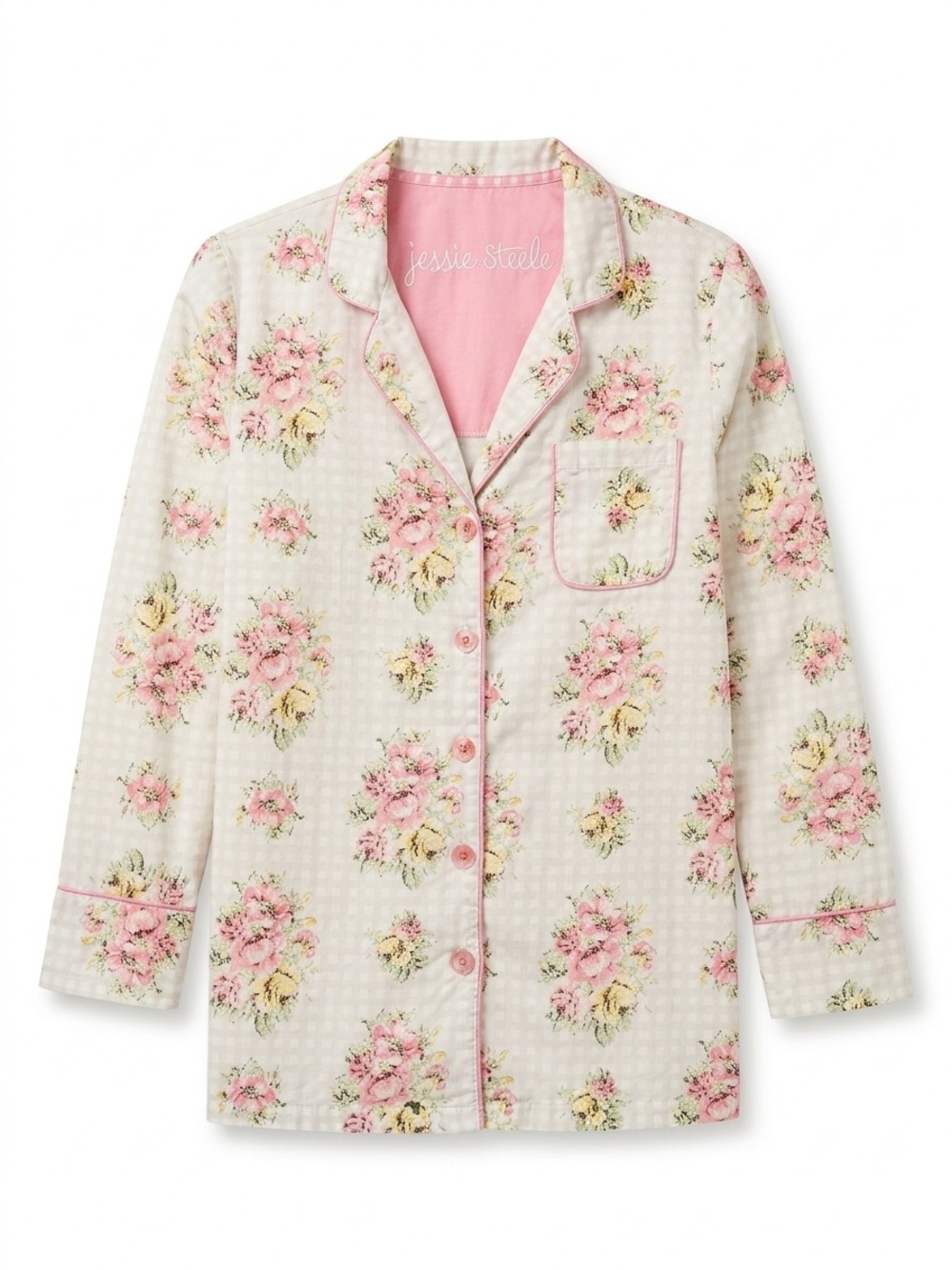 Shabby Chic Jessie Steele Floral Gingham PJ Button Front Pink Piping Cottagecore